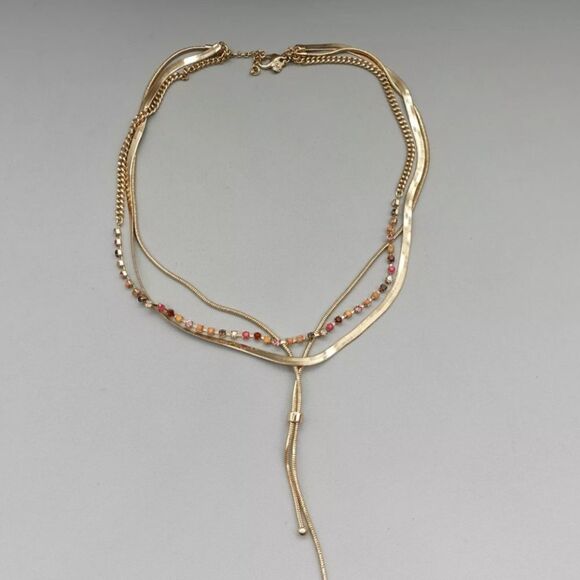 LOFT Necklace Multicolor Rhinestones Gold Tone Herringbone Layered Chains - Picture 4 of 9